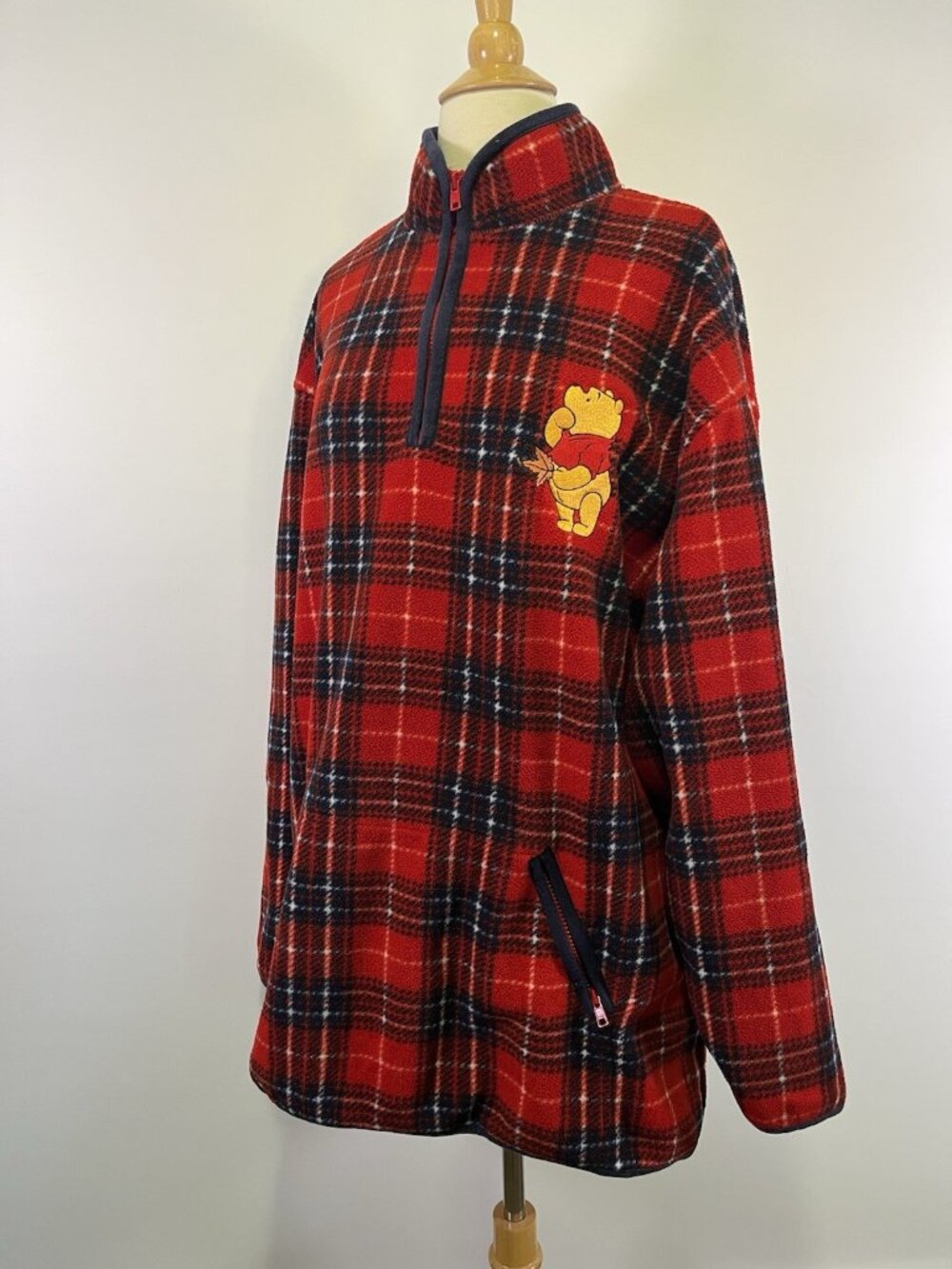Vtg 90’s Disney Winnie The Pooh Plaid Red Fleece 1/4 Zip Pullover Grandpa Fall